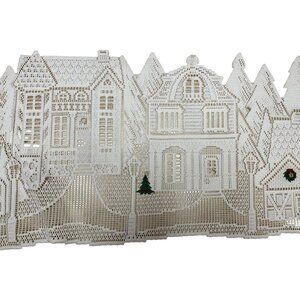 Lace Christmas Village Winter Scene Wall Hanging Table Runner With Tree Embroide